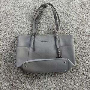 Michael Kors Tote Bag Womens Medium Gray Leather Zip Inner Pockets Shoulder